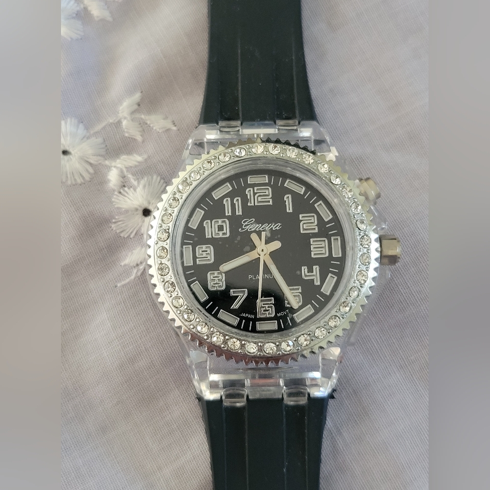 Women's Geneva Platinum Clear & Black Watch